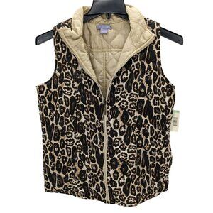 Reversible Quilted Vest Women Size S Gold Zip Up Leopard Print Y2K Laura Scott